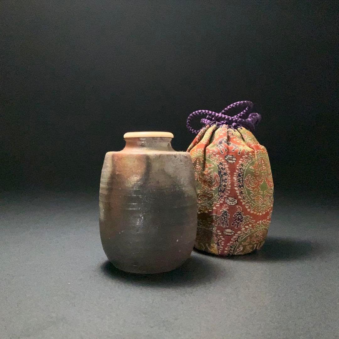 【茶道具】備前茶入　肩つき　陶峰　仕服付き　R1312お10 茶道具】備前茶入肩つき陶峰仕服付きR1312お10